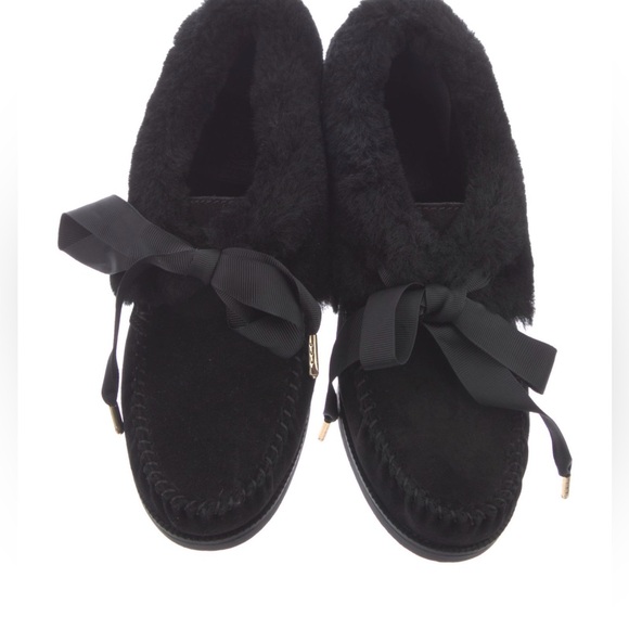 NEW Tory Burch Aberdeen Black Shearling Suede Bow Tie Slip On Slippers size 6 - Picture 4 of 13